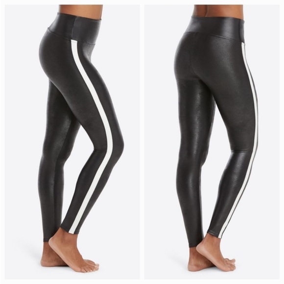 SPANX Pants - SPANX Black Faux-Leather Leggings with White Side Stripe